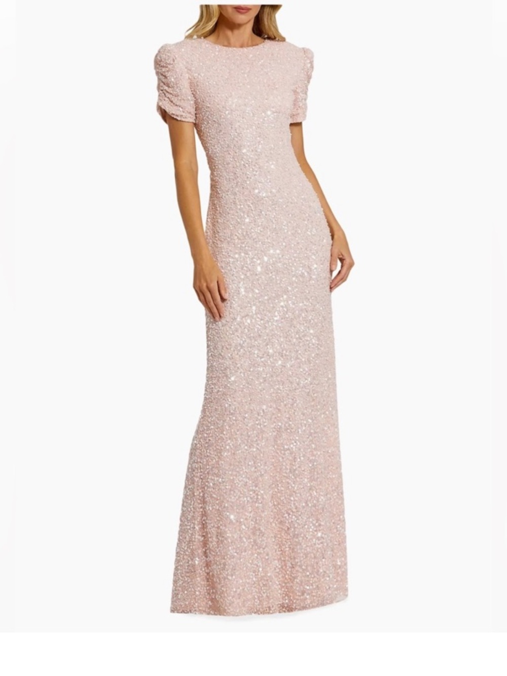 Mac Duggal NWOT Blush Gathered Short Sleeve Beaded Gown Size 10 Style 24003